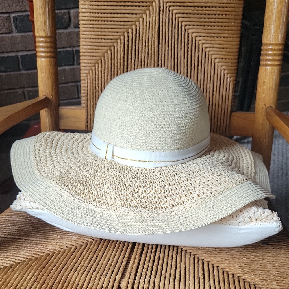 Aerie, floppy, paper hat with gold/cream ribbon trim